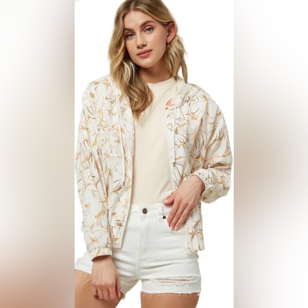 O'Neill Lunan Zip Up Hooded Jacket Cream Floral Bomber Windbreaker Jacket, S